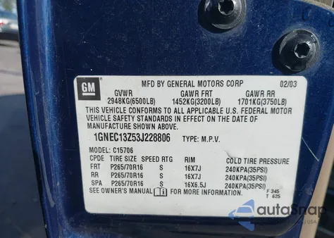 2003 Chevrolet Tahoe Ls z USA, uszkodzony, nr VIN 1GNEC13Z53J228806